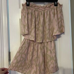 Buddy Love Pink and Tan Off the Shoulder Romper